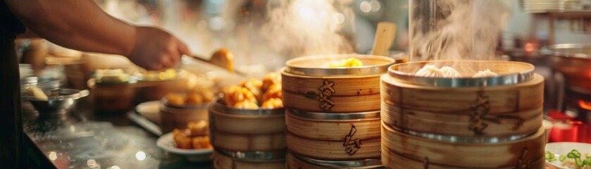 A lively dim sum cart weaving through tables - obrazy, fototapety, plakaty