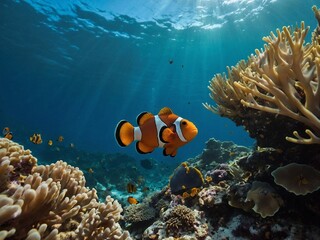 clown fish swimming in anemone coral reef underwater sea ocean marine wildlife 