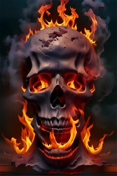 A skull ablaze with intense flames through its eyes and mouth creates a haunting vision of fiery destruction and eerie beauty.