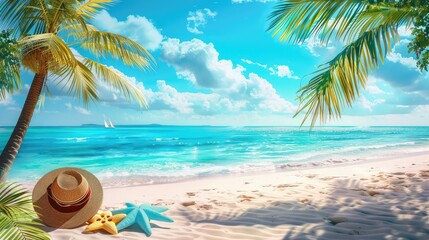 Tropical beach with sunbathing accessories, summer holiday background,Tropical beach with sea star on sand, summer holiday background. Travel and beach vacation, free space for text