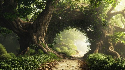 Mysterious forest. Fantasy landscape with path and sunbeams,beautiful large landscape filled with hills sparse forest,Beautiful green forest with a path in the middle.


