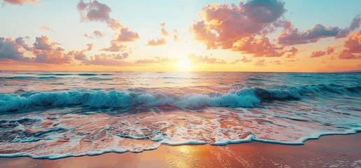 Fototapeten Beautiful Sunset Seascape with Waves on Sandy Beach. Warm Colors of Sunset Sky and Turquoise Water. Tropical Island Panoramic View with Vintage Filter. Wide Angle, Shallow Depth of Field. © Art by Afaq