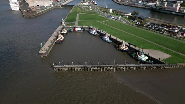 many tug boats on a little port, Bremerhaven, germany, europe, drone, north sea