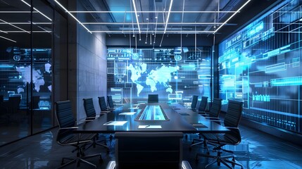 Futuristic Conference Room with Holographic Data Displays Symbolizing Corporate Innovation and Strategy