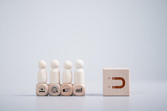 Inbound marketing strategy concept. customer retention, digital marketing and creating attraction for customer groups in business.  Inbound marketing icon on wooden block.