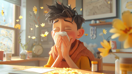3D cartoon depicting a day in the life of someone with seasonal allergies