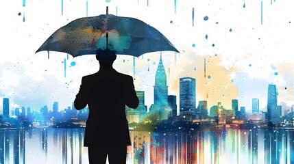 Silhouetted Professional Holding Umbrella Over Illuminated City Skyline,Representing Strategic Foresight and Risk Management