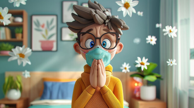 3D cartoon depicting a day in the life of someone with seasonal allergies