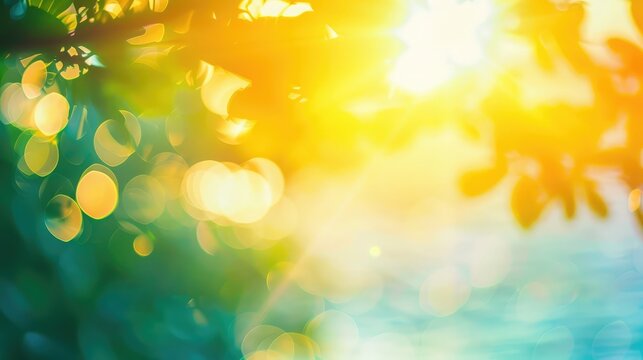 Summer holiday concept: Abstract bokeh flare sunlight with blur green and yellow nature sunrise beach background,Bokeh light from the sun through the leaves,Defocused image of autumn park with trees 
