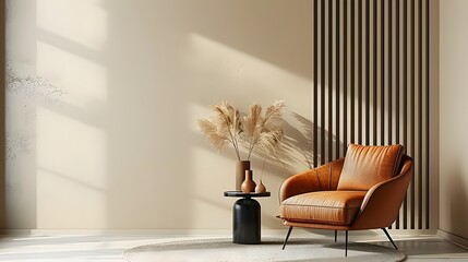 The 3D rendering of minimalist modern living room furniture, featuring orange and light brown styles, naturalistic aesthetics, bright and peaceful still life. For design, 3d render, decoration, lifest