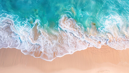 Top view of the beach with sand and sea waves, minimalistic background, high resolution photography, highly detailed in the style of insanely detailed. Aerial View of Sandy Beach with Crashing Waves. - obrazy, fototapety, plakaty