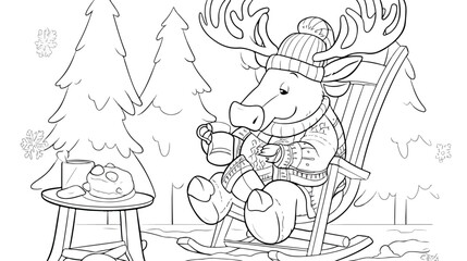 Moose is sitting in a rocking chair with hot cocoa.