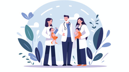 Mother and father with baby and doctor design flat