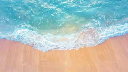 Foto op Canvas Top view of the beach with sand and sea waves, minimalistic background, high resolution photography, highly detailed in the style of insanely detailed. Aerial View of Sandy Beach with Crashing Waves. © Art by Afaq