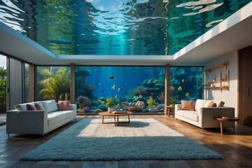 Fototapeta premium A living room in the underwater house. Generative AI.