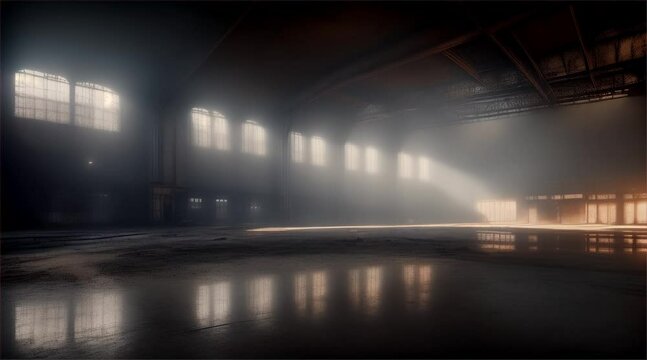 A large dark warehouse inside an old factory with light streaming in through the windows. The inside of an old abandoned factory is scary and frightening.