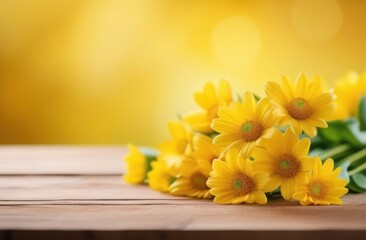 Beautiful fresh yellow flowers with leaves on bright yellow background copy space