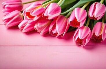 Bouquet of pink tulips on pink background. Greeting card. Copy space for text, top view