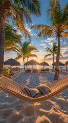 Fototapeta premium A hammock is set up on the beach with palm trees in front of it. Generative AI.