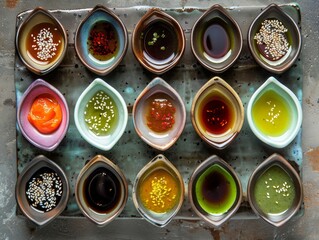An artist s palette of ponzu and sesame sauce dishes vibrant and inviting