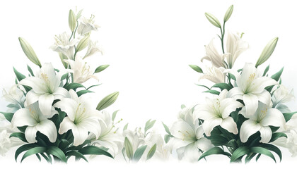 Delicate white lily. flowers, light watercolor, spring mood. Border