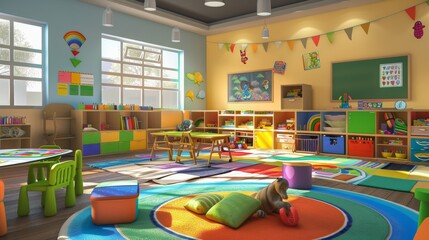 A vibrant classroom scene happy students engaged in interactive learning. The image highlights the colorful dynamic energy of a nurturing nursery - obrazy, fototapety, plakaty