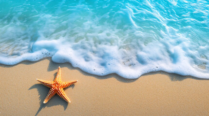 Fototapeta na wymiar Starfish and soft wave on the sandy beach summer tropical concept