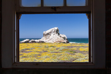 Large white offshore rock at Point Piedras Blancas  viewed through a window
