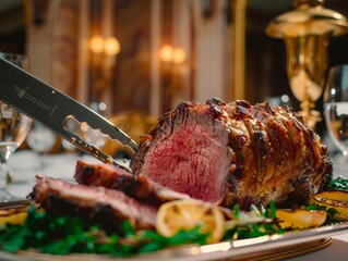 Carving roast beef against the backdrop of a grand dining hall