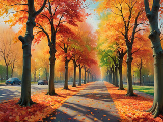 Realistic painting of an autumn scene featuring a tree-lined boulevard with leaves in vibrant colors covering the ground - generated by ai - obrazy, fototapety, plakaty