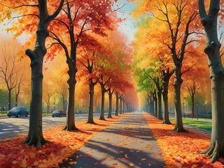 Foto op Canvas Realistic painting of an autumn scene featuring a tree-lined boulevard with leaves in vibrant colors covering the ground - generated by ai © CarlosAlberto