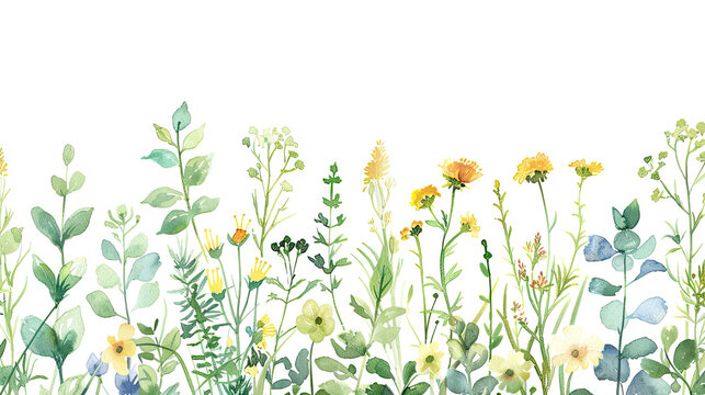 Watercolor Hand-Drawn Wildflower Border on White Background, Featuring Various Leaves and Flowers in Pastel Yellow and Green Tones. Vector Illustration with Detailed and Realistic Design.