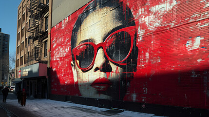 Graffiti - mural - attractive woman wearing red sunglasses - street art 
