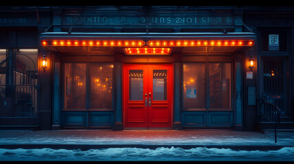 Obraz premium Storefront - neon lights - red door - bar - restaurant 