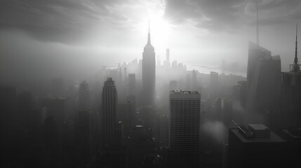 Fog descended on a city - black and white photo - skyline - cityscape 