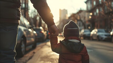 Father holding hands with cute toddler boy on street