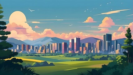 tall buildings in a city in the afternoon.mountain background.