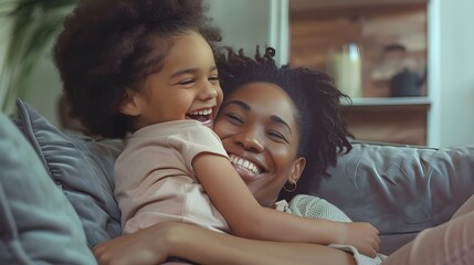 Happy playful mother and daughter on sofa