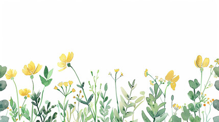 Watercolor Hand-Drawn Wildflower Border on White Background, Featuring Various Leaves and Flowers in Pastel Yellow and Green Tones. Vector Illustration with Detailed and Realistic Design. - obrazy, fototapety, plakaty