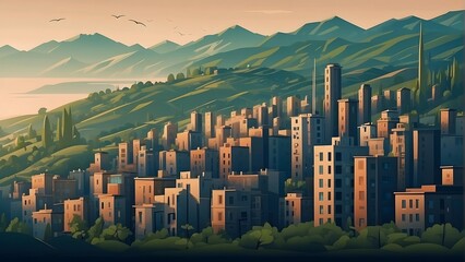 beautiful mountain background city views. anime cartoons