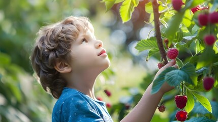 Cute curious boy looking up at raspberries on branch