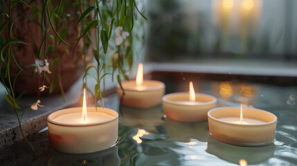 Tranquil Aromatherapy Candles with Gentle Illumination - obrazy, fototapety, plakaty