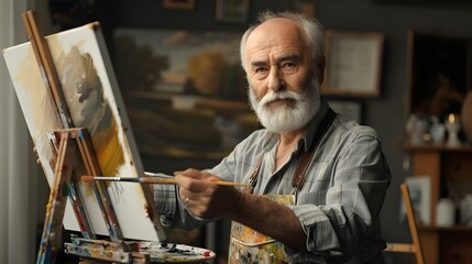 Mature man with beard painting at easel - obrazy, fototapety, plakaty