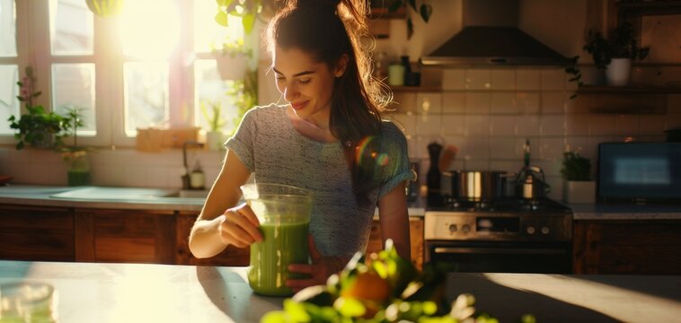 Woman Enjoying Fresh Green Smoothie at Home