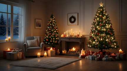 interior christmas. magic glowing tree, fireplace, gifts.generative.ai