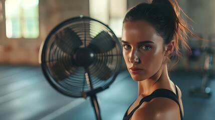 Determined young woman standing at fan in gym