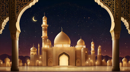Ramadan Kareem background with mosque and moon.generative.ai - obrazy, fototapety, plakaty