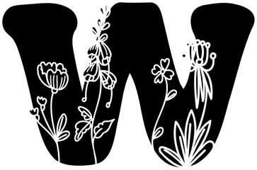 W uppercase fill alphabet letter handwritten font with flower decorative blossom nature