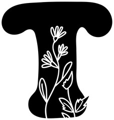 T uppercase fill alphabet letter handwritten font with flower decorative blossom nature