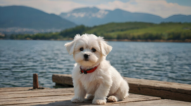 Photo of cute maltese puppy on pier in front of mountain lake.generative.ai